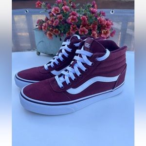Vans Old Skool Womens Sneakers Size 7.5 Burgundy White Canvas Mid Top Shoes